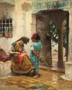 Frederick A Bridgman  The Sewing Lesson